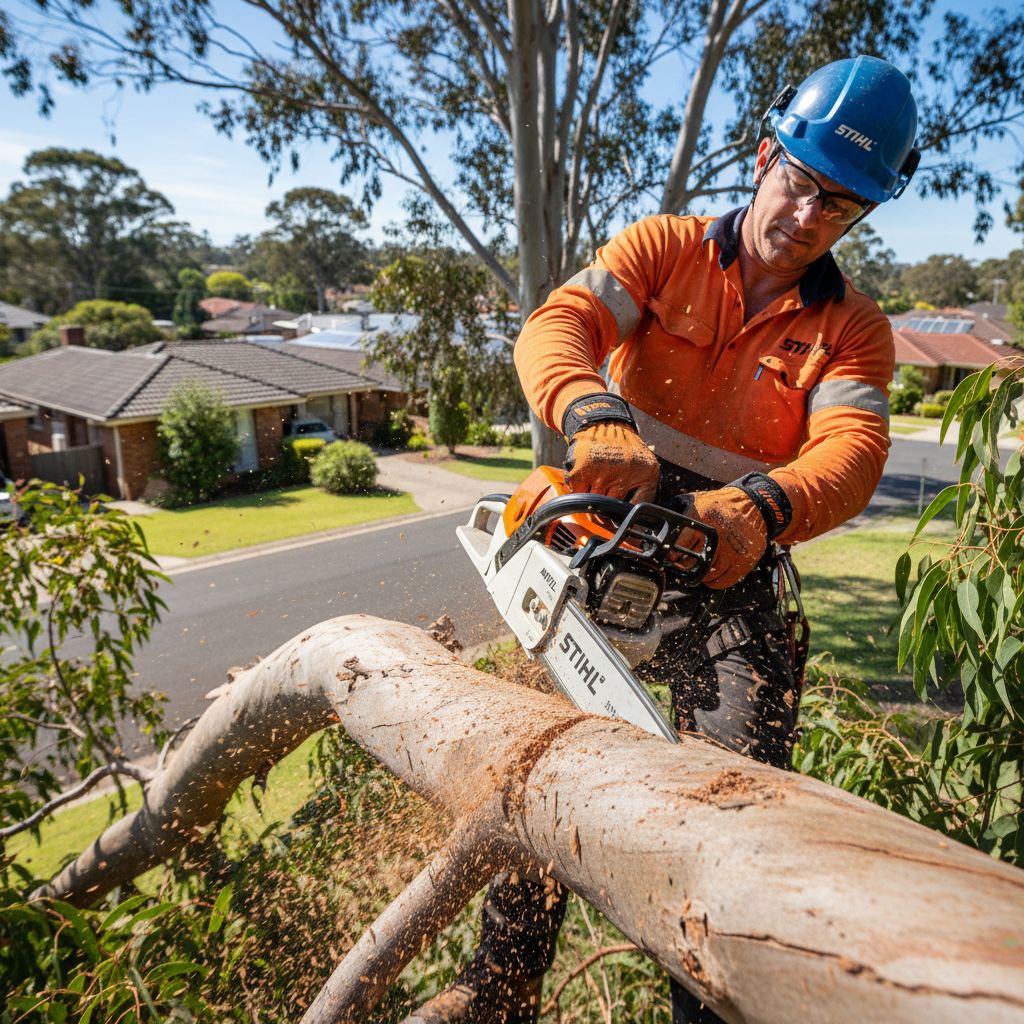 Arborist's chainsaw mid-cut close-up