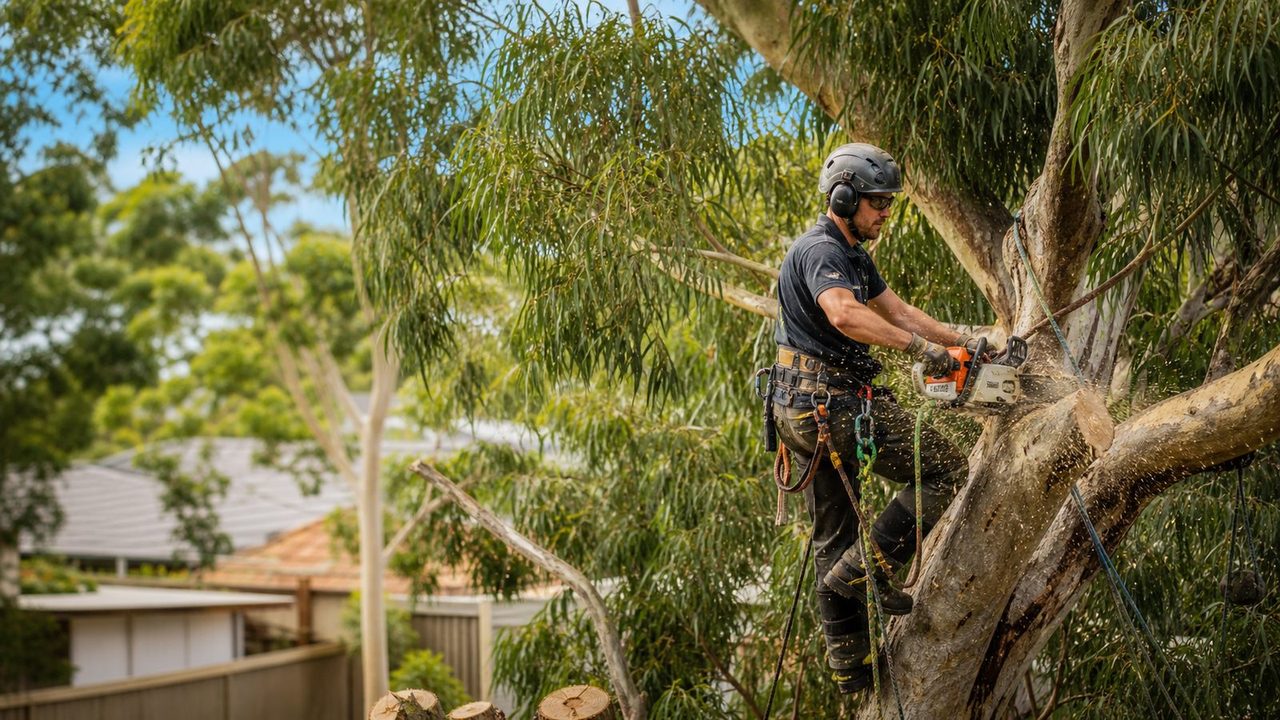 Illustrative arborist working in a mature tree beside a residential fence