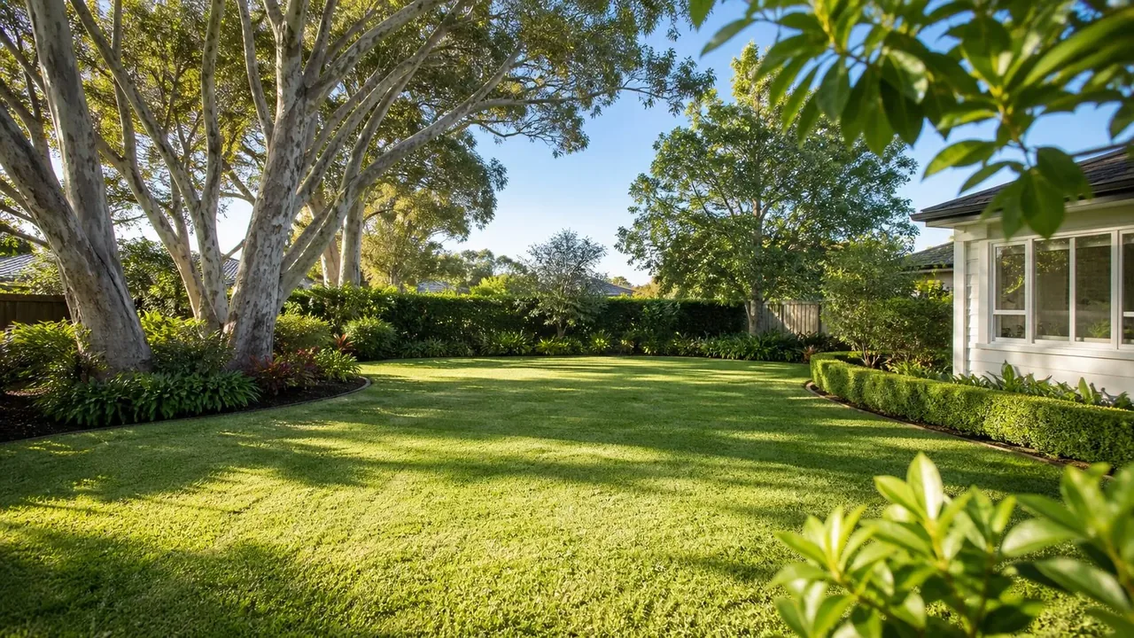Illustrative established backyard with mature trees and open lawn